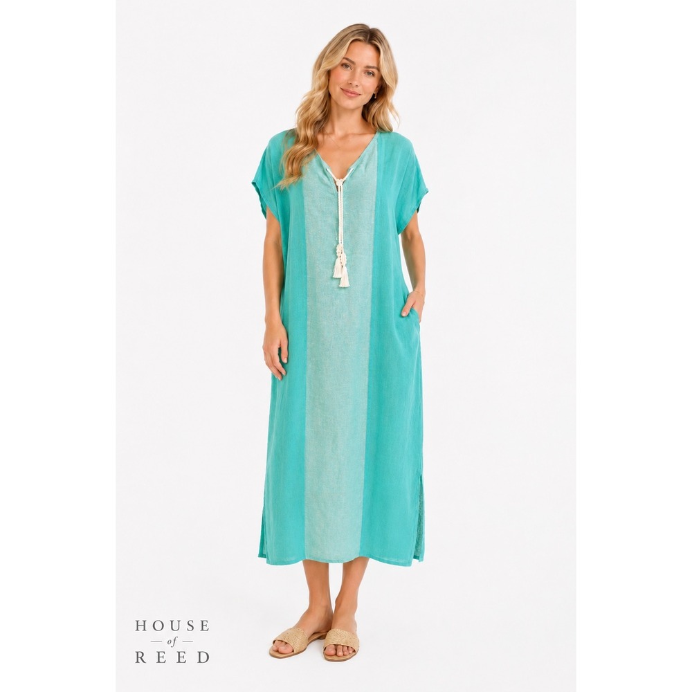 Sigrid Olsen Linen Blend Teal Turquoise Caftan Dress Tassel Shell Detail Medium